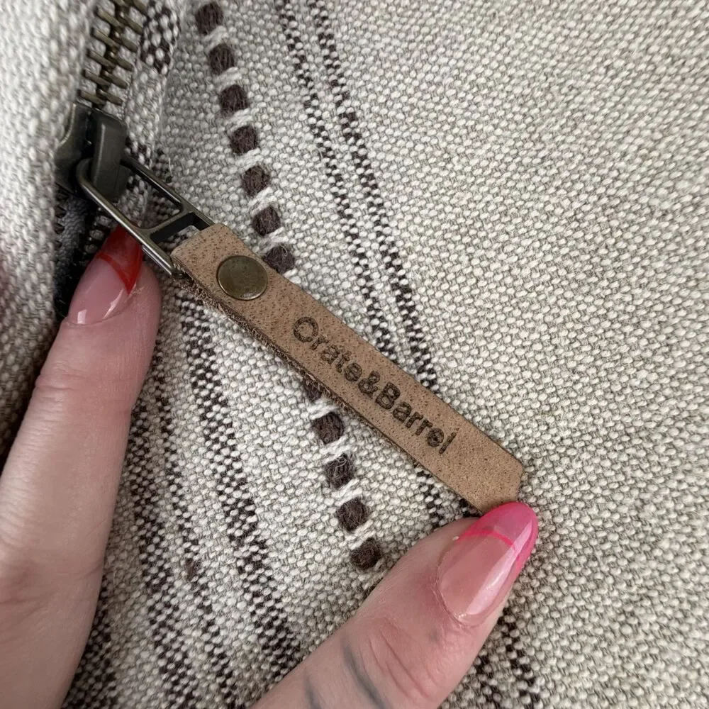 Crate & Barrel Bande Ivory Textured Stripe Linen Cotton Pillow Cover 36x16